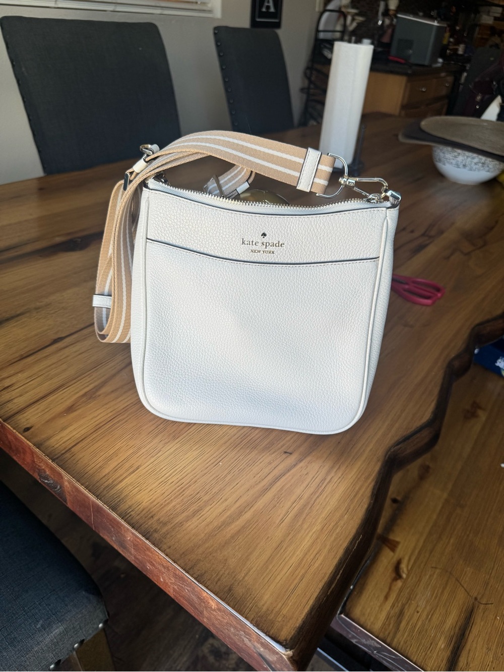 kate spade Cream Leather Crossbody with Striped Beige Strap